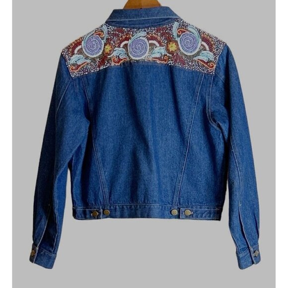 KK 88 Designs Vintage Hand Beaded Blue Denim Jacket 80s 90s Western Size Small - Picture 3 of 6